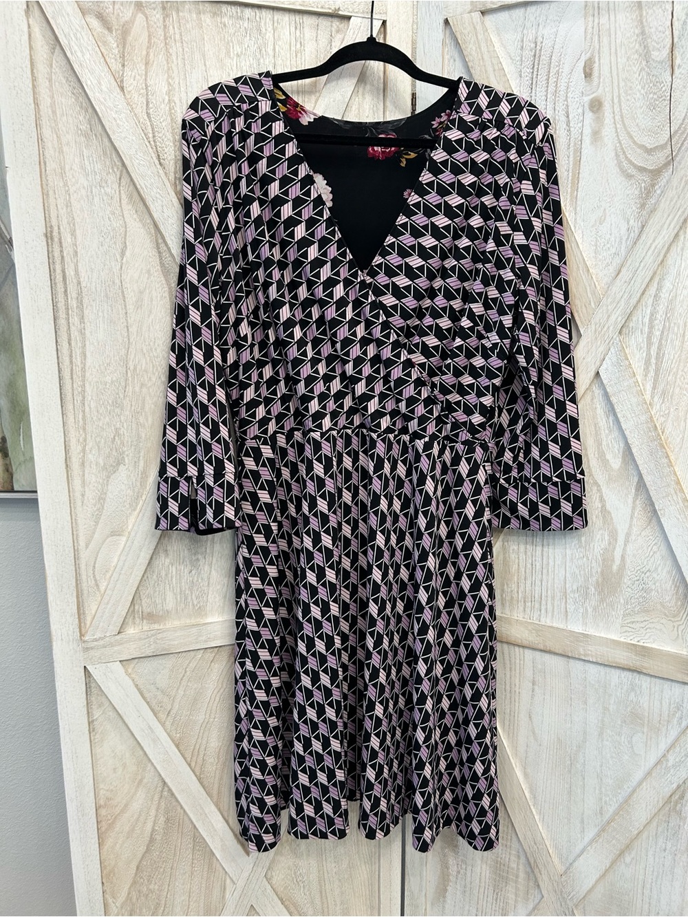 Chico's Reversible Black & Pink Geometric / Floral Faux-Wrap Midi Dress